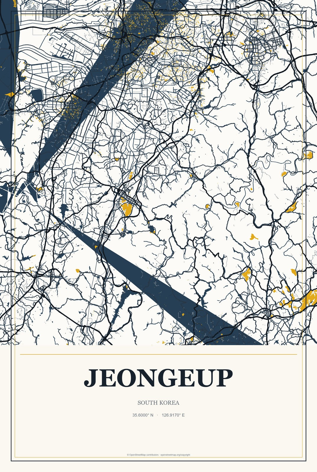 Jeongeup, South Korea City Map Aluminum Sign in Citrine Modern style