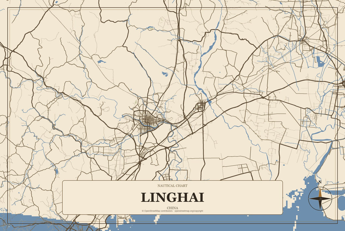 Linghai, China City Map Aluminum Sign in Heritage Nautical style