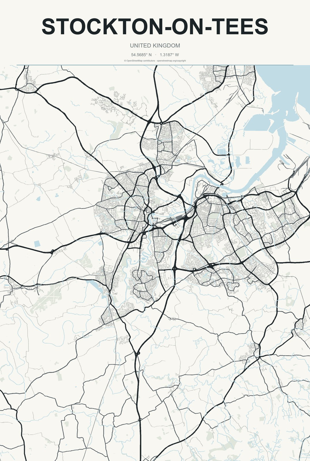 Stockton-on-Tees, United Kingdom City Map Aluminum Sign in Headline Atlas style