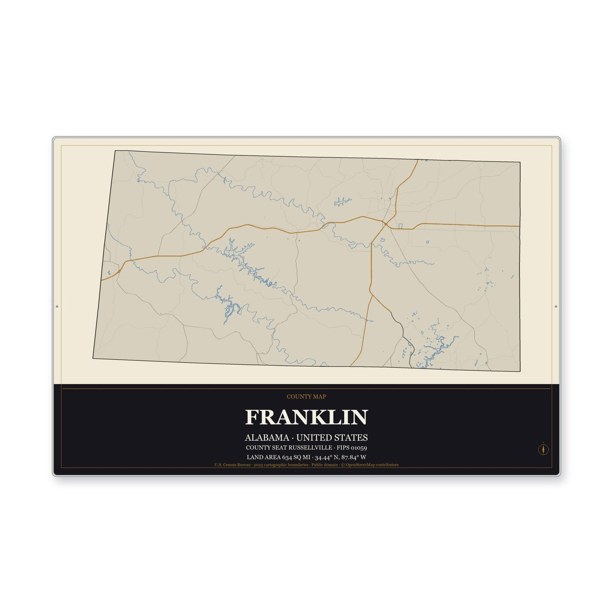 Franklin County, Alabama Map Aluminum Sign in Museum Plaque style