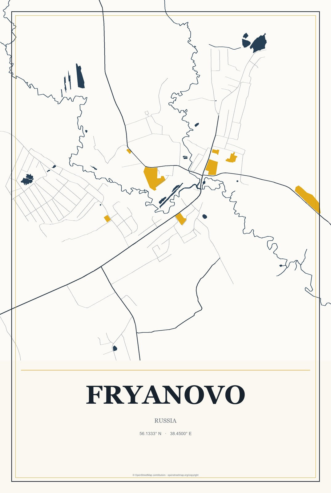 Fryanovo, Russia City Map Aluminum Sign in Citrine Modern style