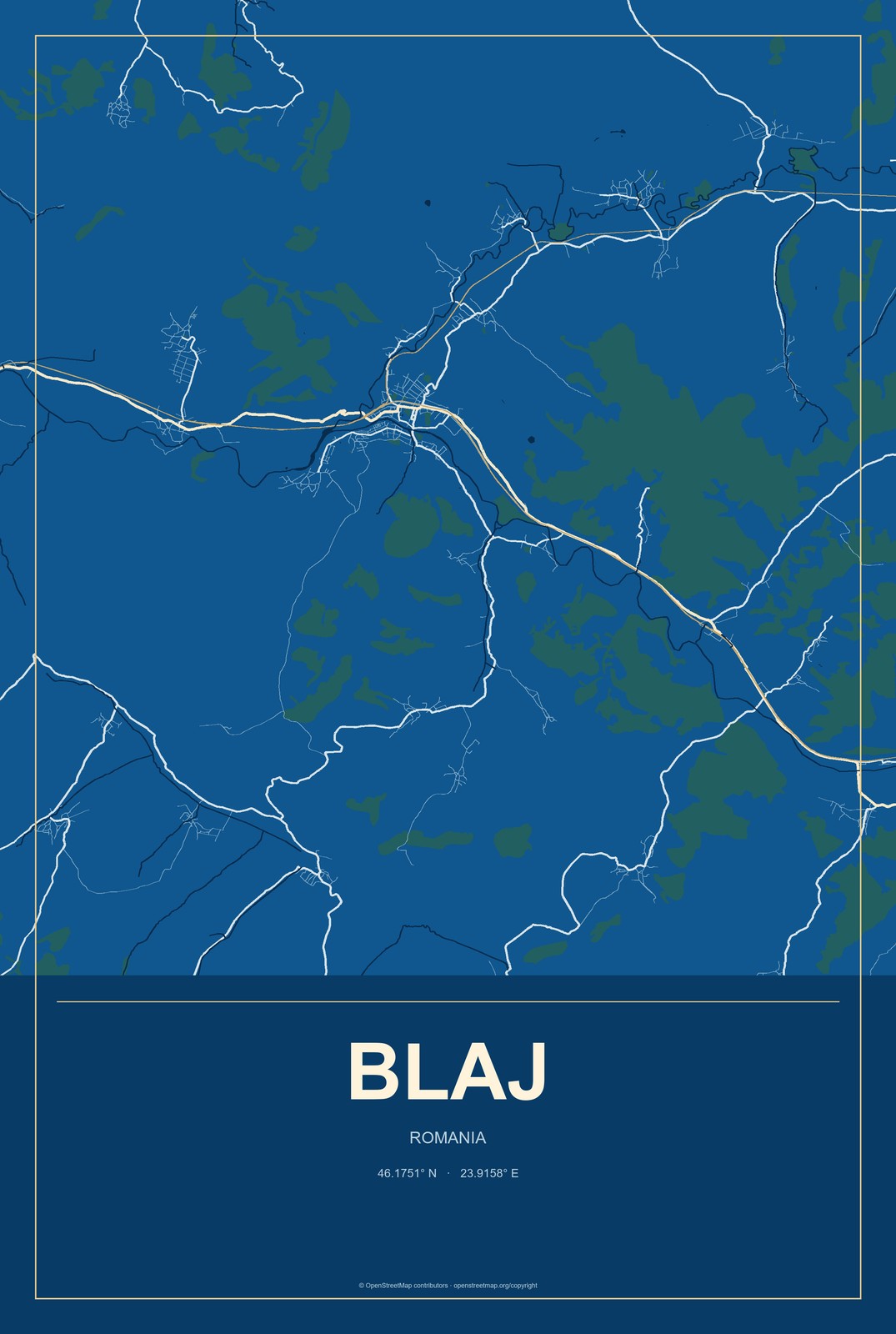 Blaj, Romania City Map Aluminum Sign in Harbor Cobalt style