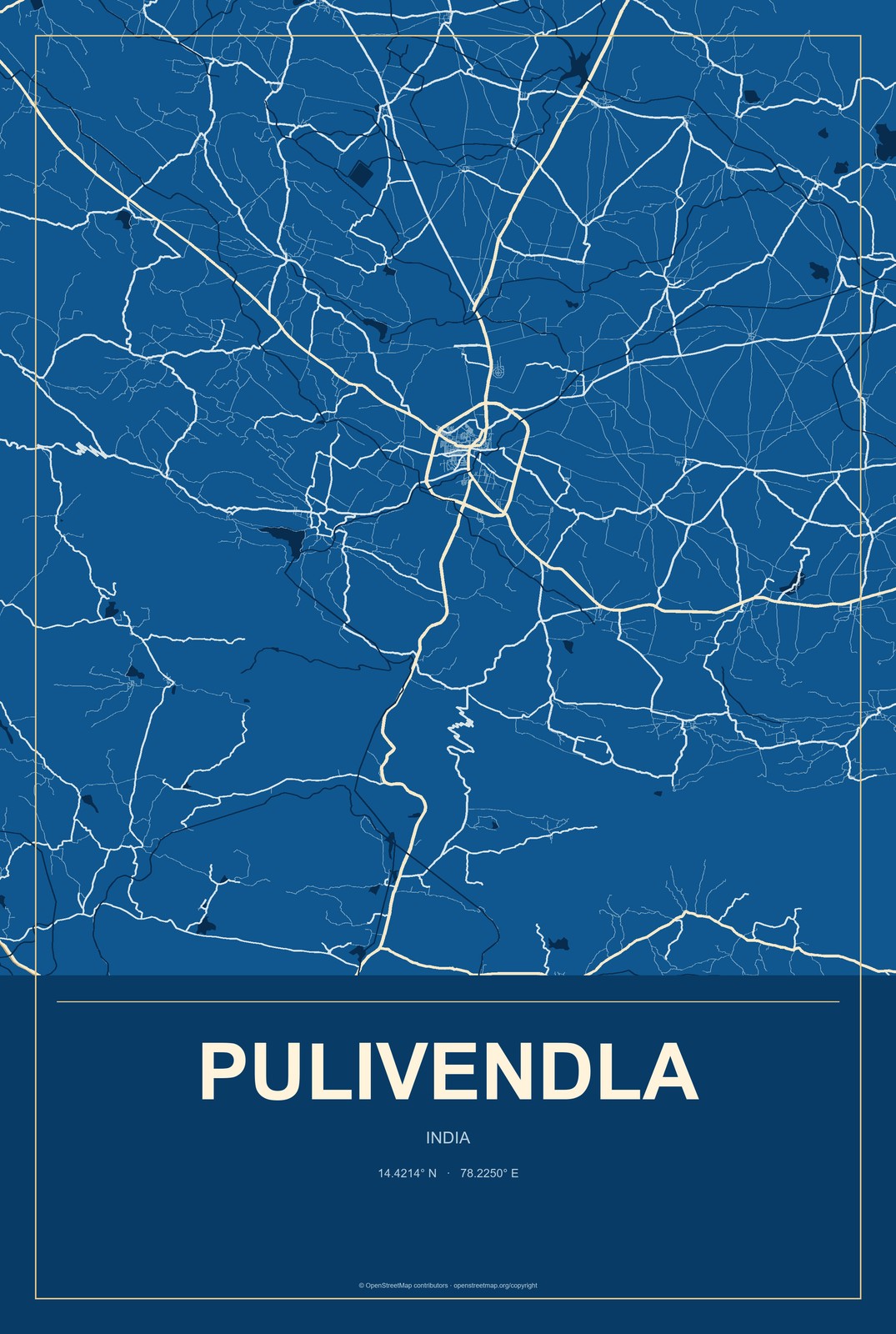 Pulivendla, India City Map Aluminum Sign in Harbor Cobalt style