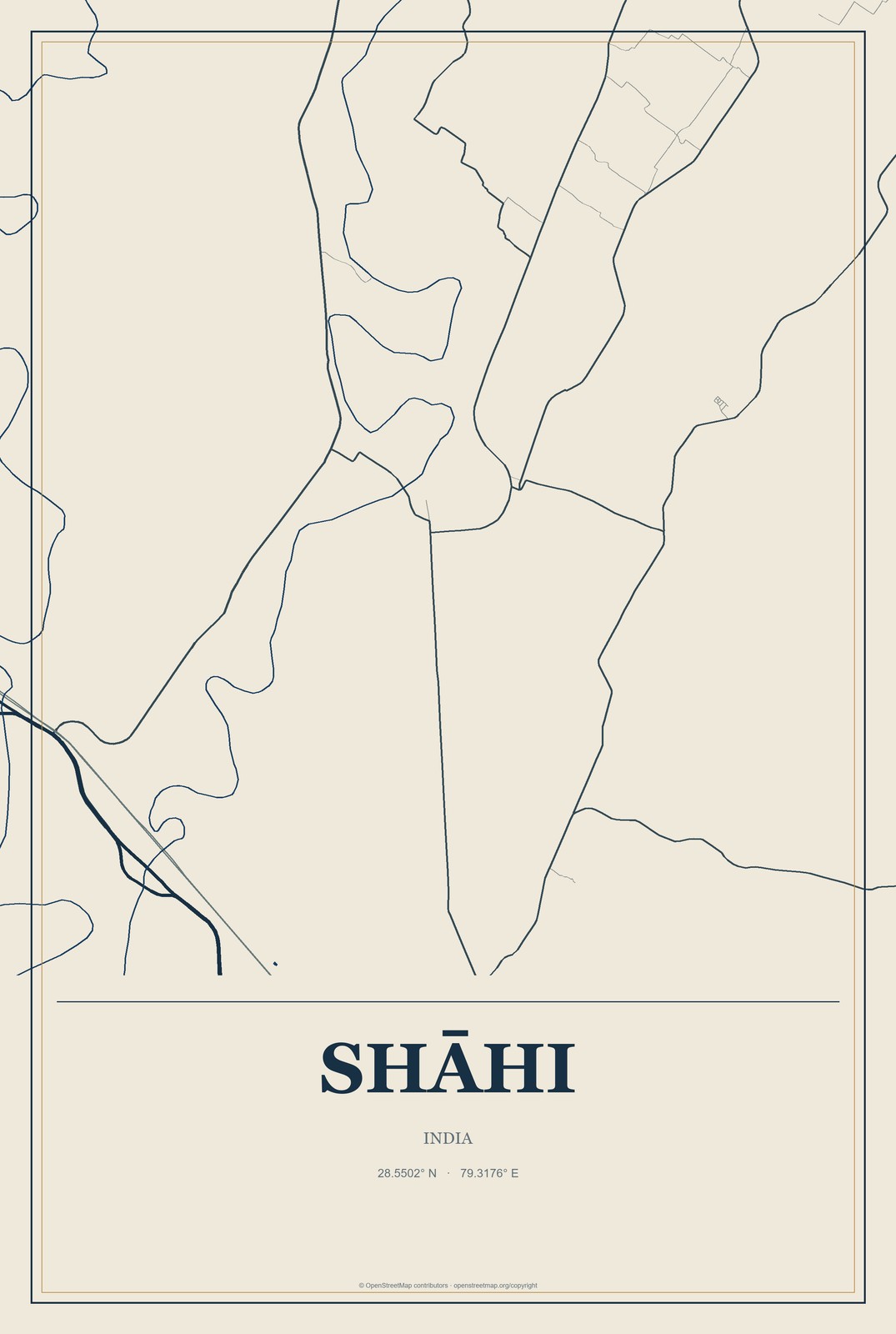 Shāhi, India City Map Aluminum Sign in Coastal Cutout style
