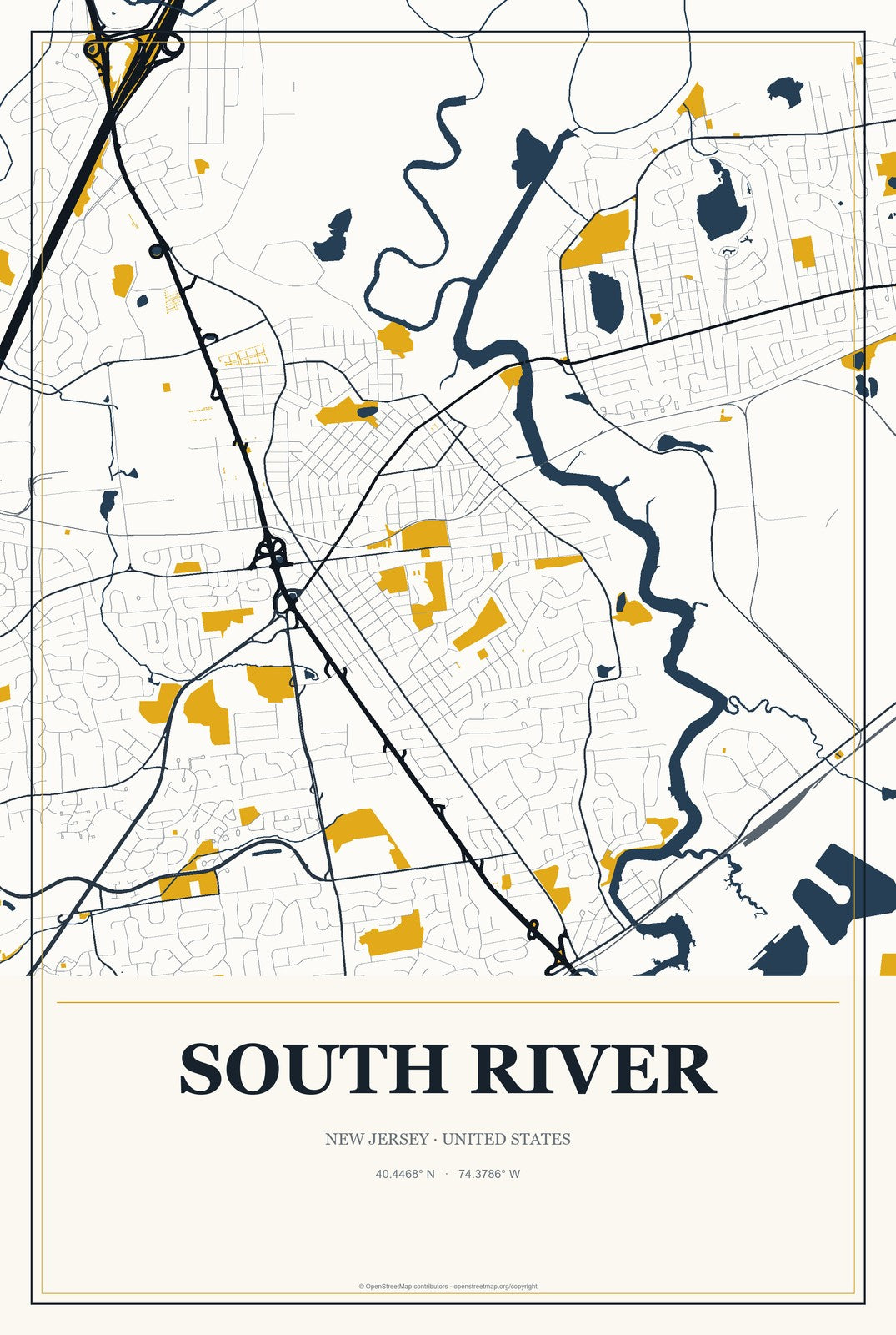 South River, New Jersey City Map Aluminum Sign in Citrine Modern style