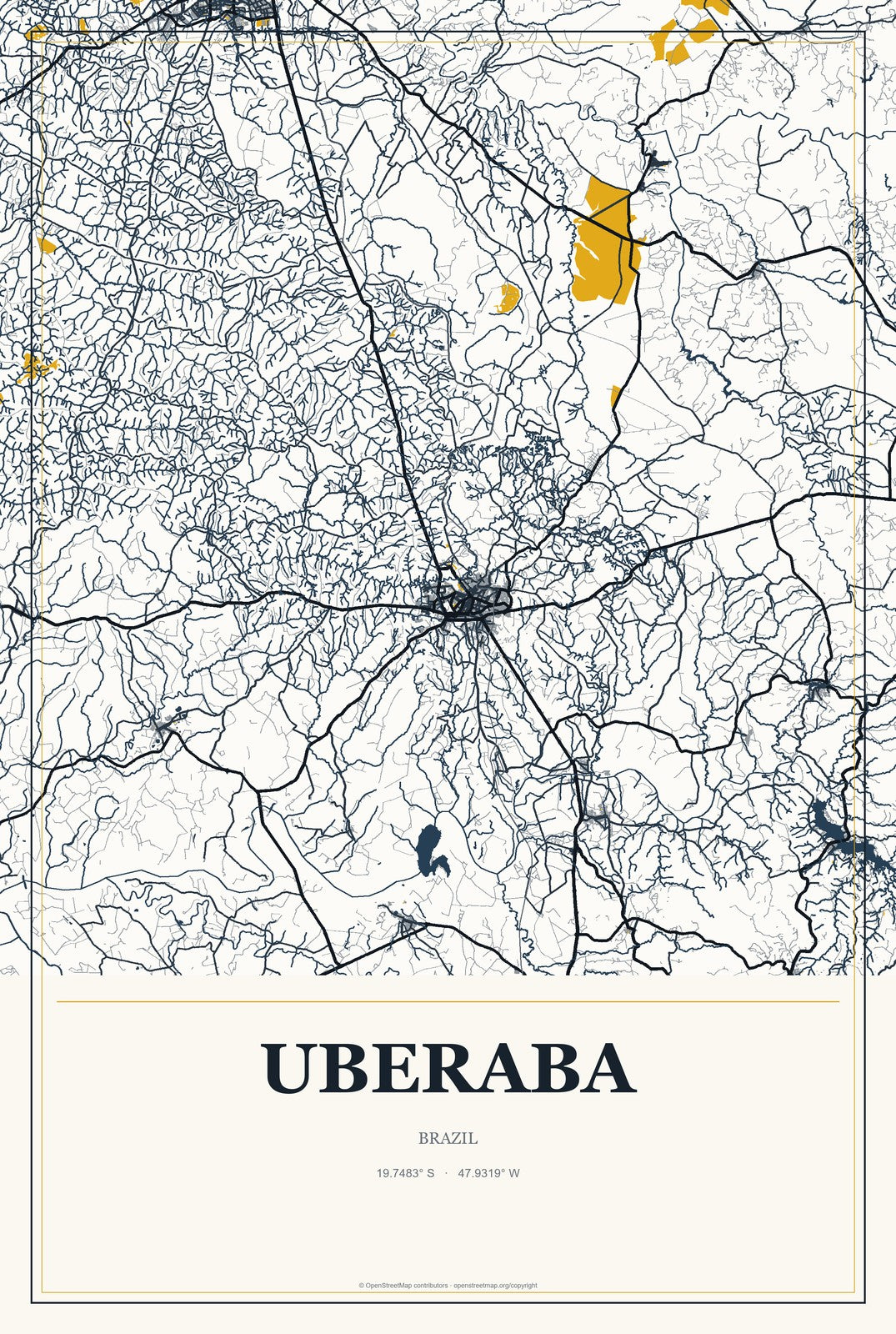 Uberaba, Brazil City Map Aluminum Sign in Citrine Modern style