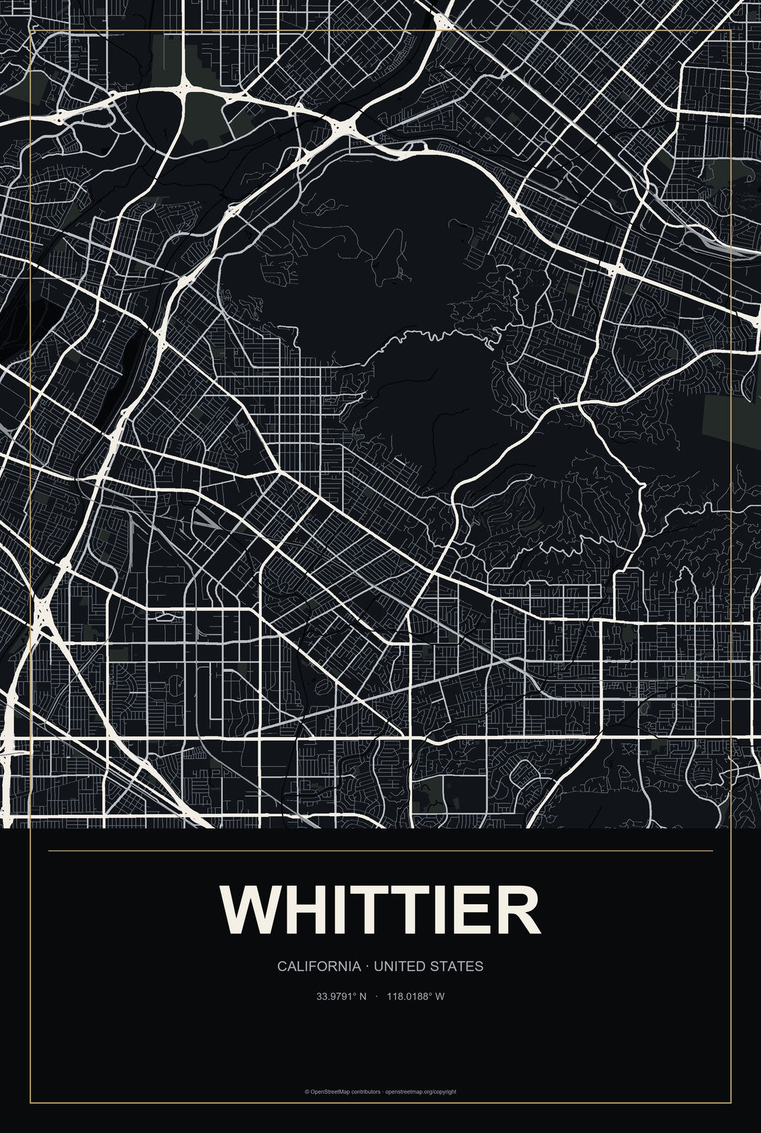 Whittier, California City Map Aluminum Sign in Metropolitan Noir style