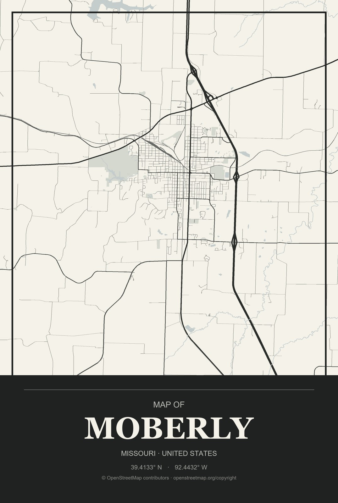 Moberly, Missouri City Map Aluminum Sign in Museum Plaque style