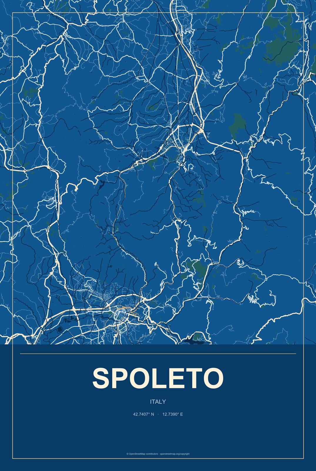 Spoleto, Italy City Map Aluminum Sign in Harbor Cobalt style