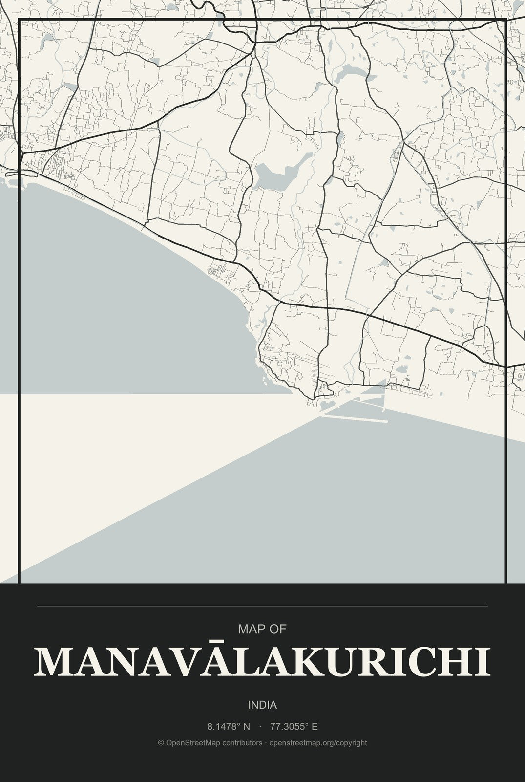 Manavālakurichi, India City Map Aluminum Sign in Museum Plaque style