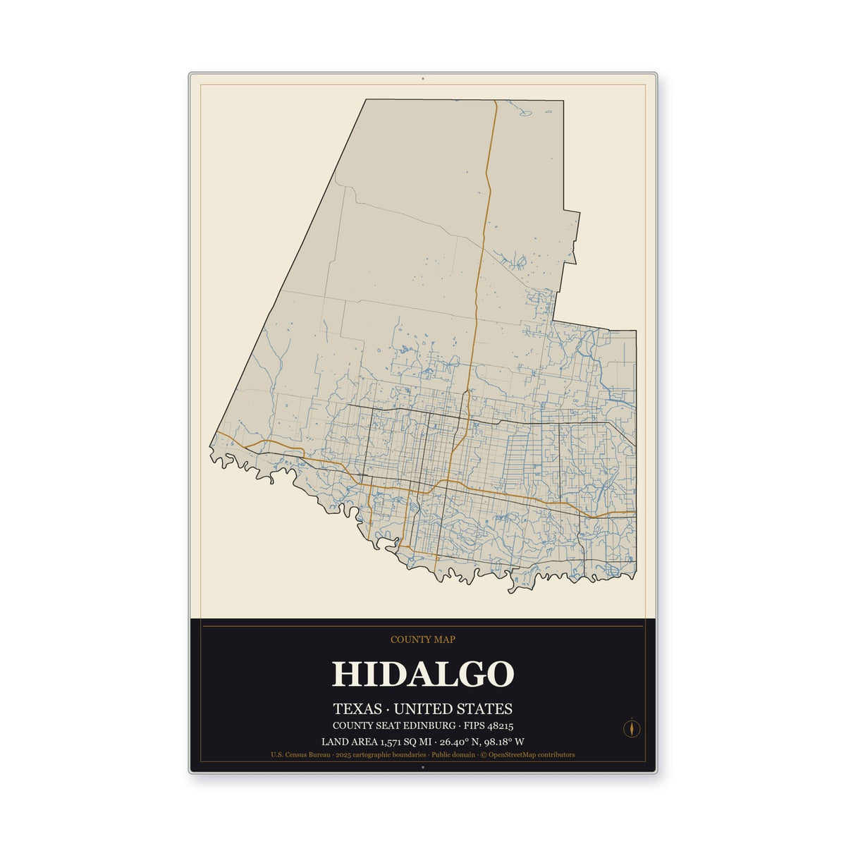 Hidalgo County, Texas Map Aluminum Sign in Museum Plaque style