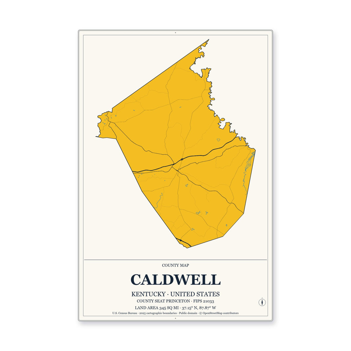 Caldwell County, Kentucky Map Aluminum Sign in Citrine Modern style