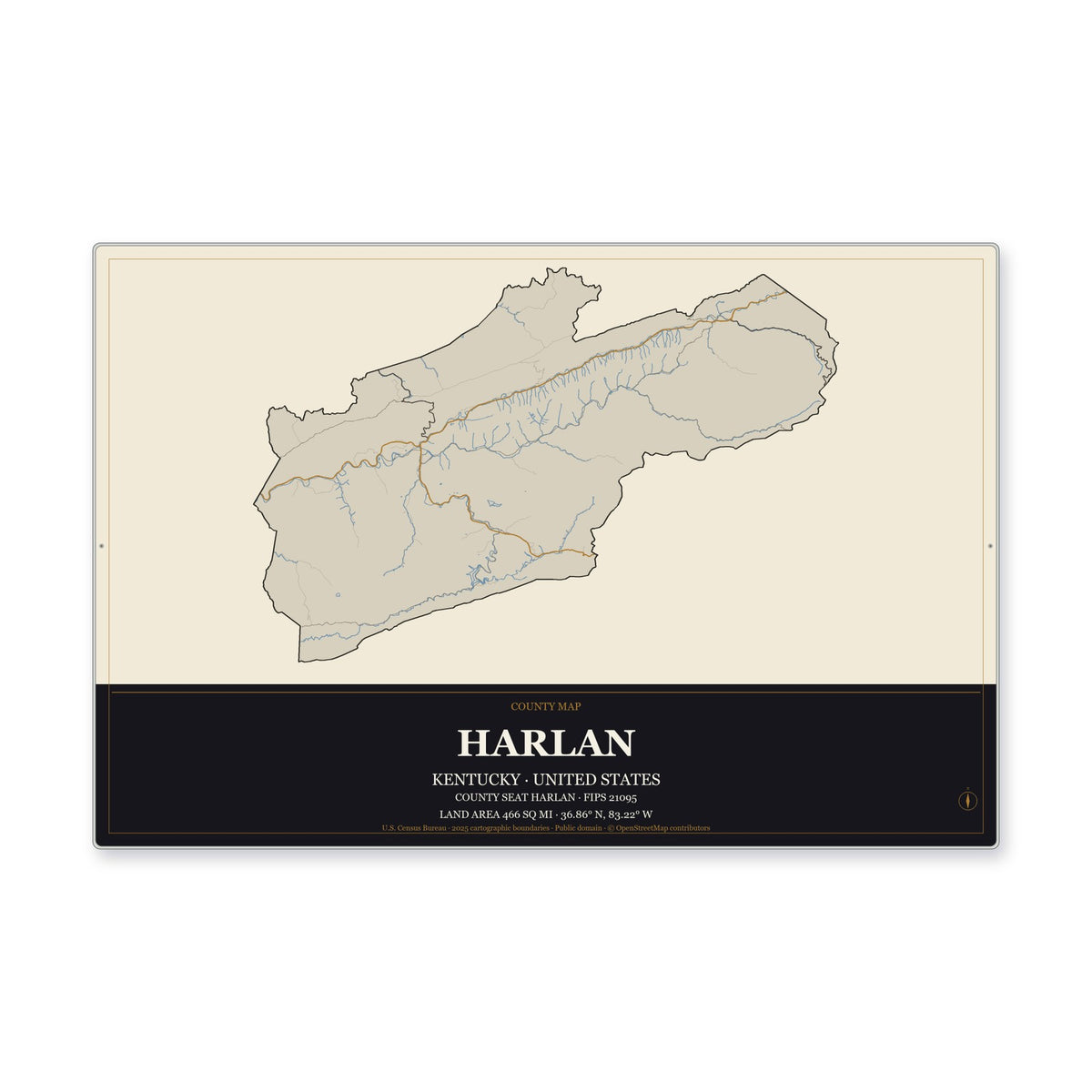 Harlan County, Kentucky Map Aluminum Sign in Museum Plaque style