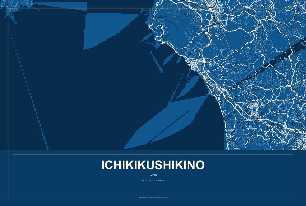 Ichikikushikino, Japan City Map Aluminum Sign in Harbor Cobalt style