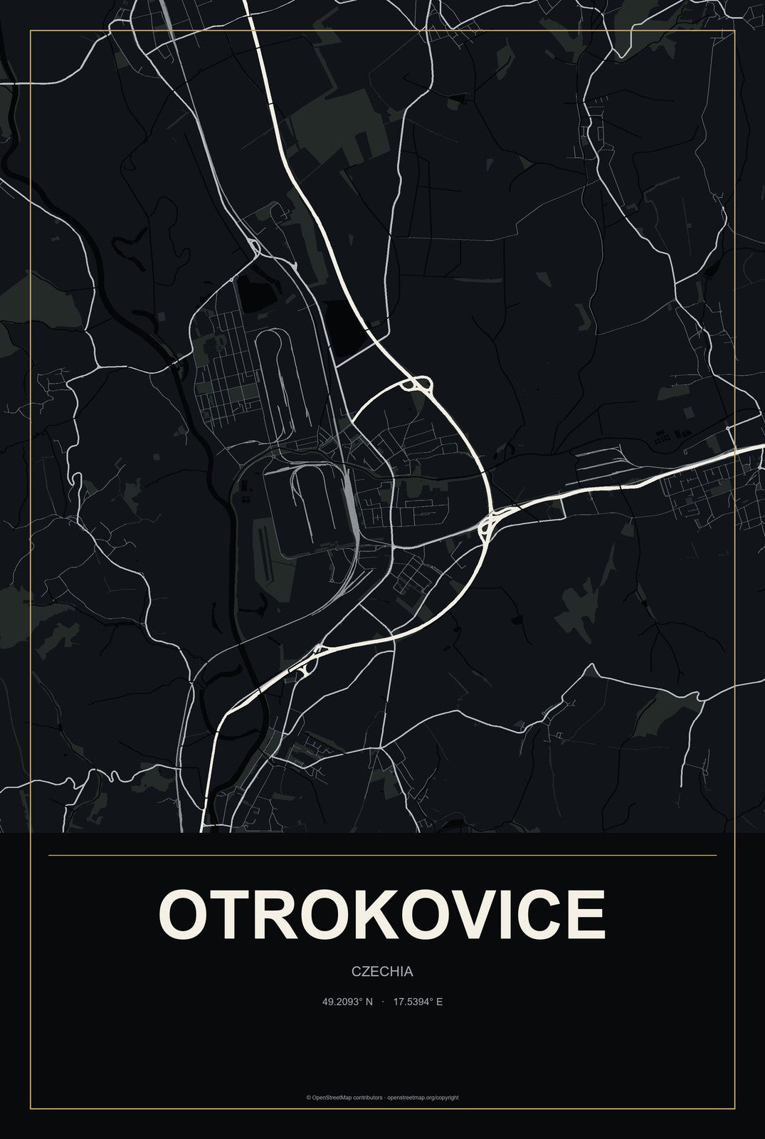 Otrokovice, Czechia City Map Aluminum Sign in Metropolitan Noir style