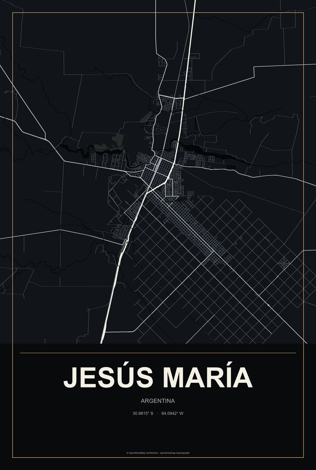 Jesús María, Argentina City Map Aluminum Sign in Metropolitan Noir style