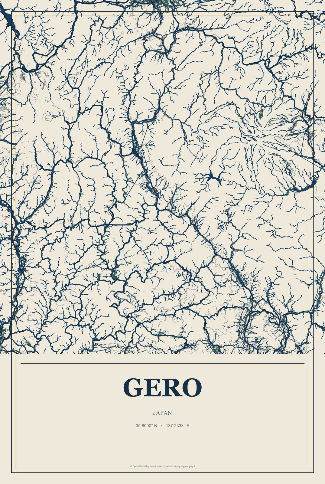 Gero, Japan City Map Aluminum Sign in Coastal Cutout style