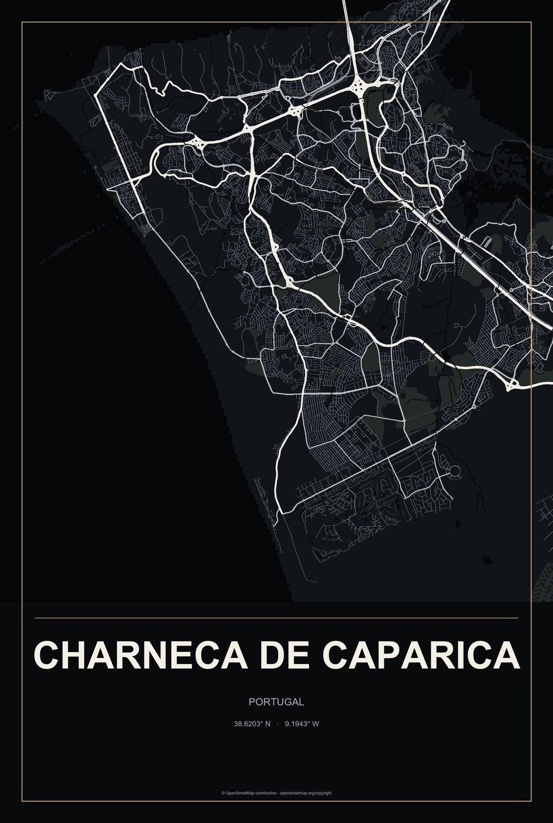 Charneca de Caparica, Portugal City Map Aluminum Sign in Metropolitan Noir style