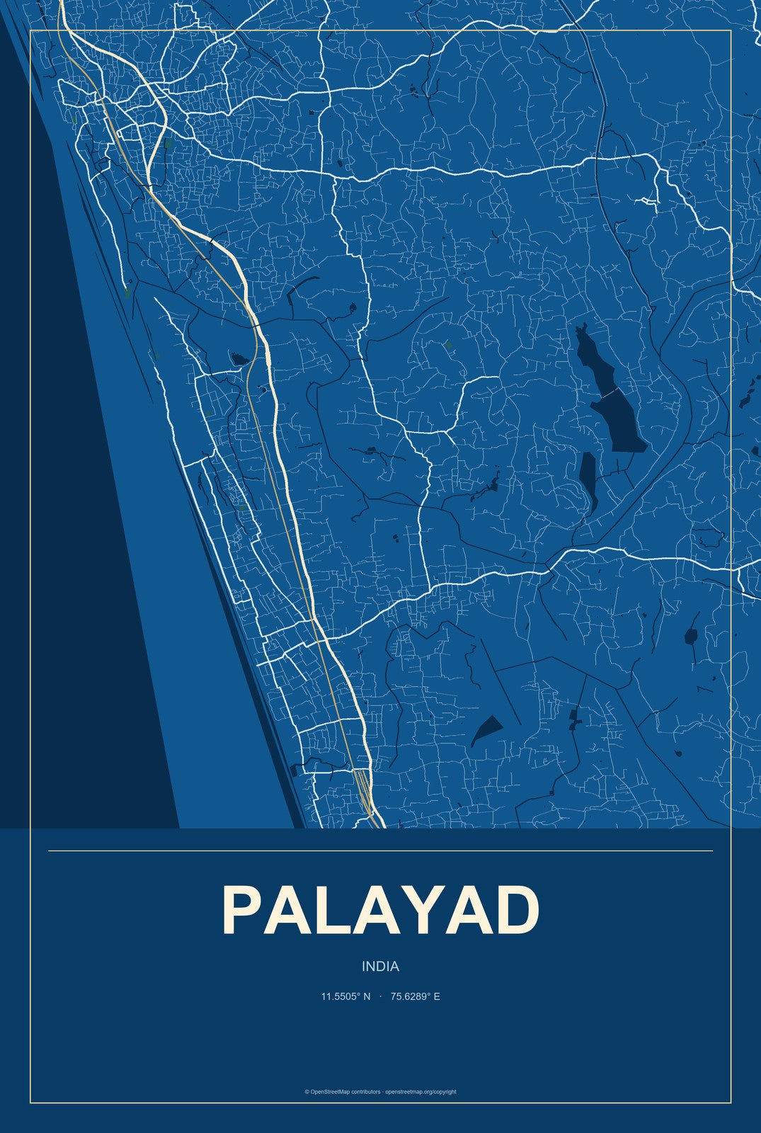 Palayad, India City Map Aluminum Sign in Harbor Cobalt style