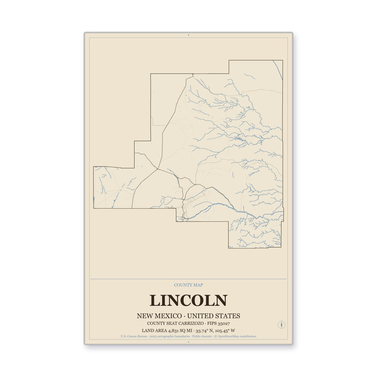 Lincoln County, New Mexico Map Aluminum Sign in Heritage Nautical style