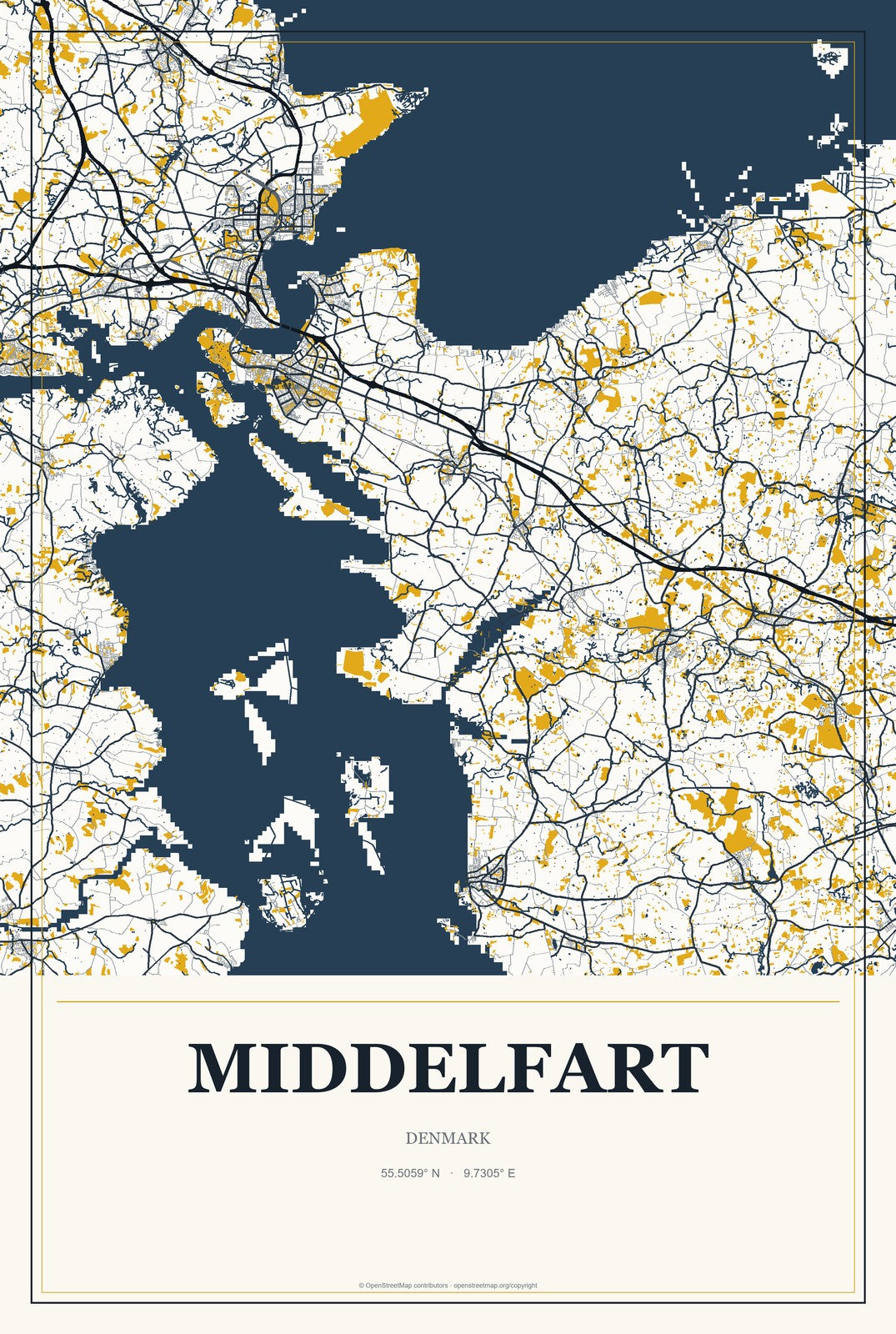 Middelfart, Denmark City Map Aluminum Sign in Citrine Modern style