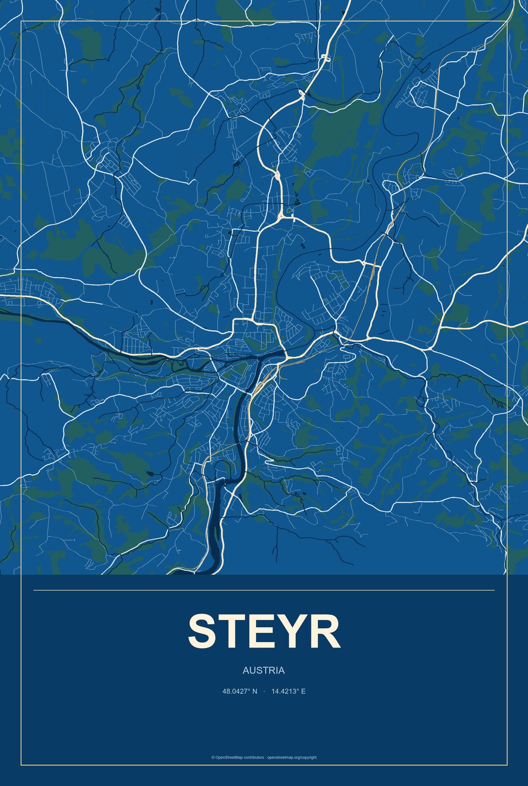 Steyr, Austria City Map Aluminum Sign in Harbor Cobalt style