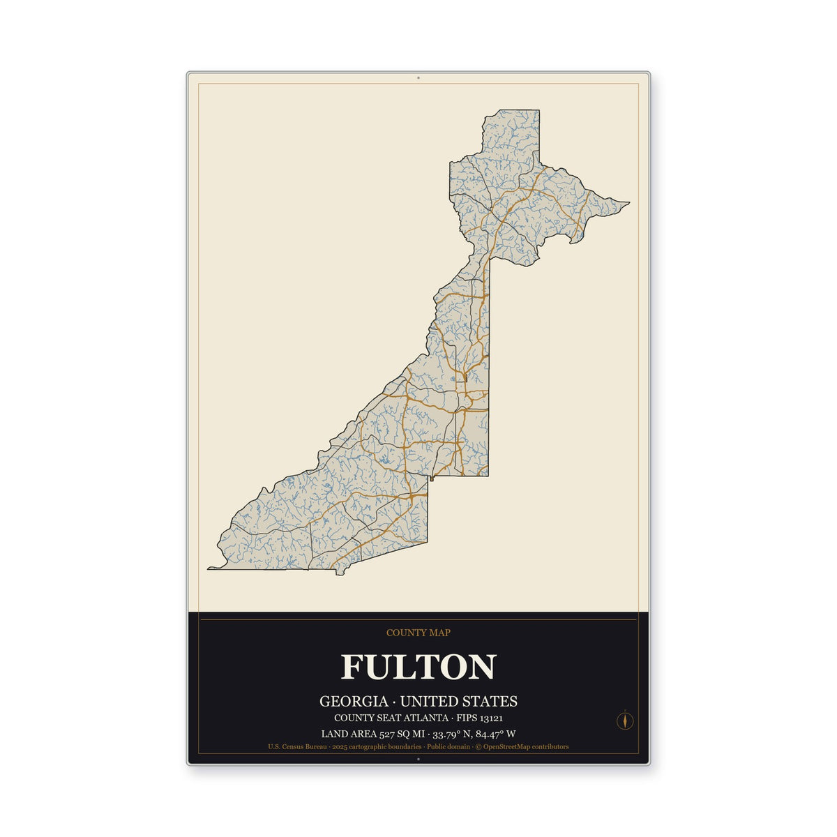 Fulton County, Georgia Map Aluminum Sign in Museum Plaque style