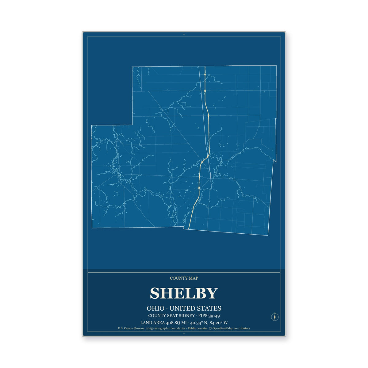 Shelby County, Ohio Map Aluminum Sign in Harbor Cobalt style