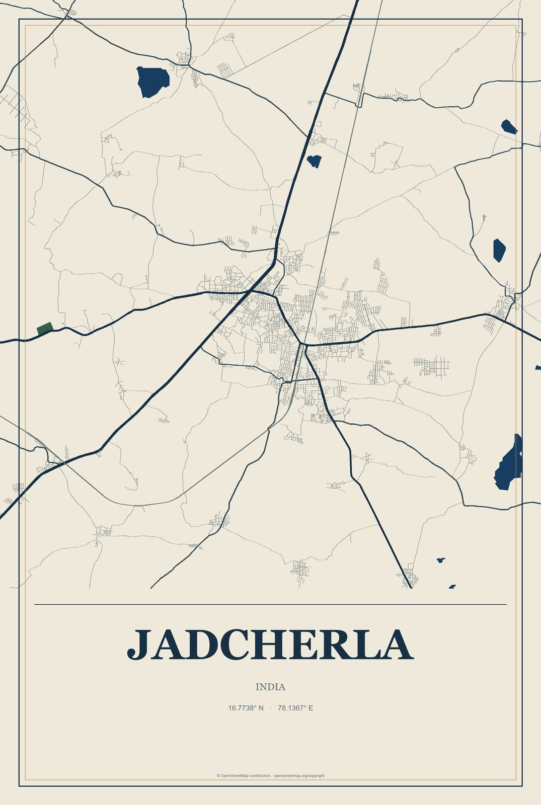 Jadcherla, India City Map Aluminum Sign in Coastal Cutout style