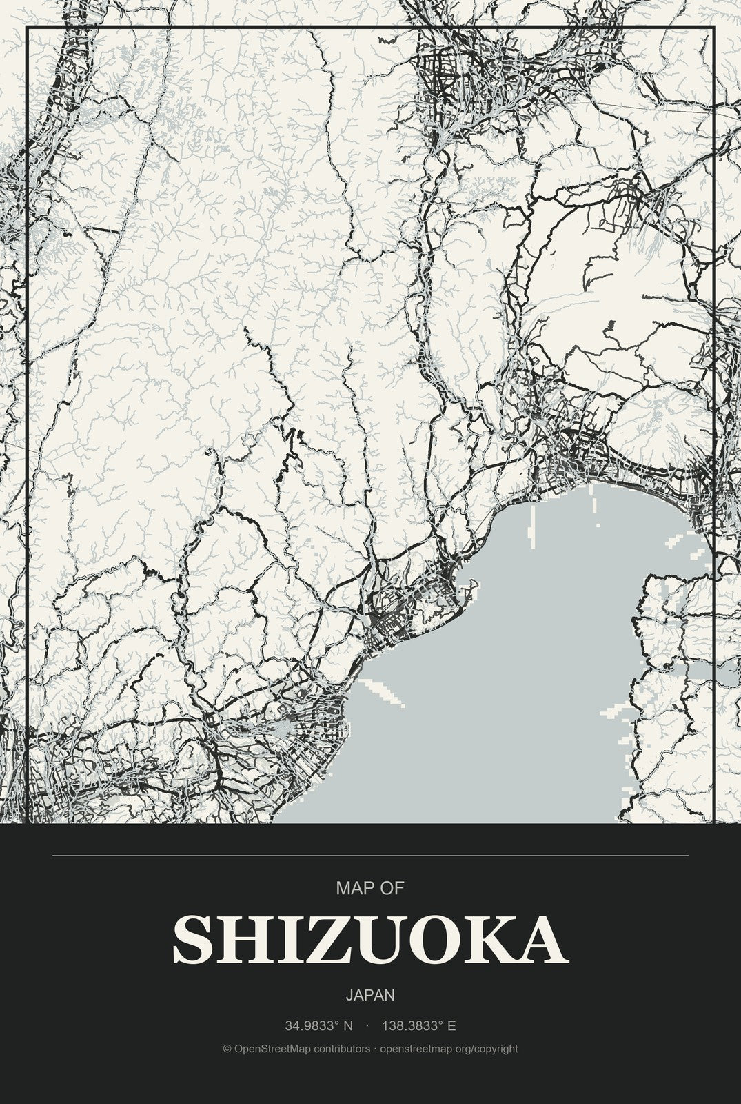 Shizuoka, Japan City Map Aluminum Sign in Museum Plaque style