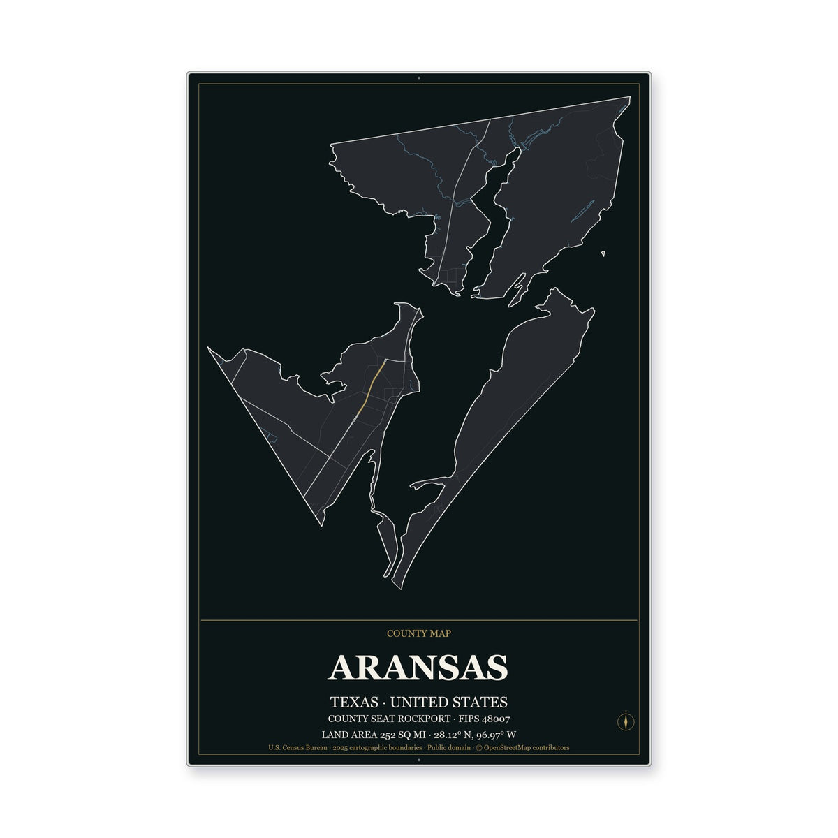 Aransas County, Texas Map Aluminum Sign in Metropolitan Noir style