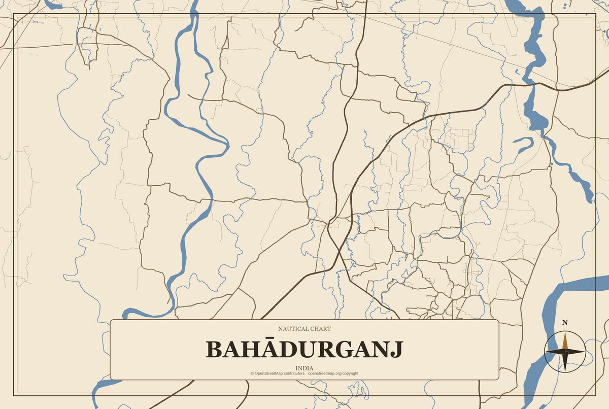 Bahādurganj, India City Map Aluminum Sign in Heritage Nautical style