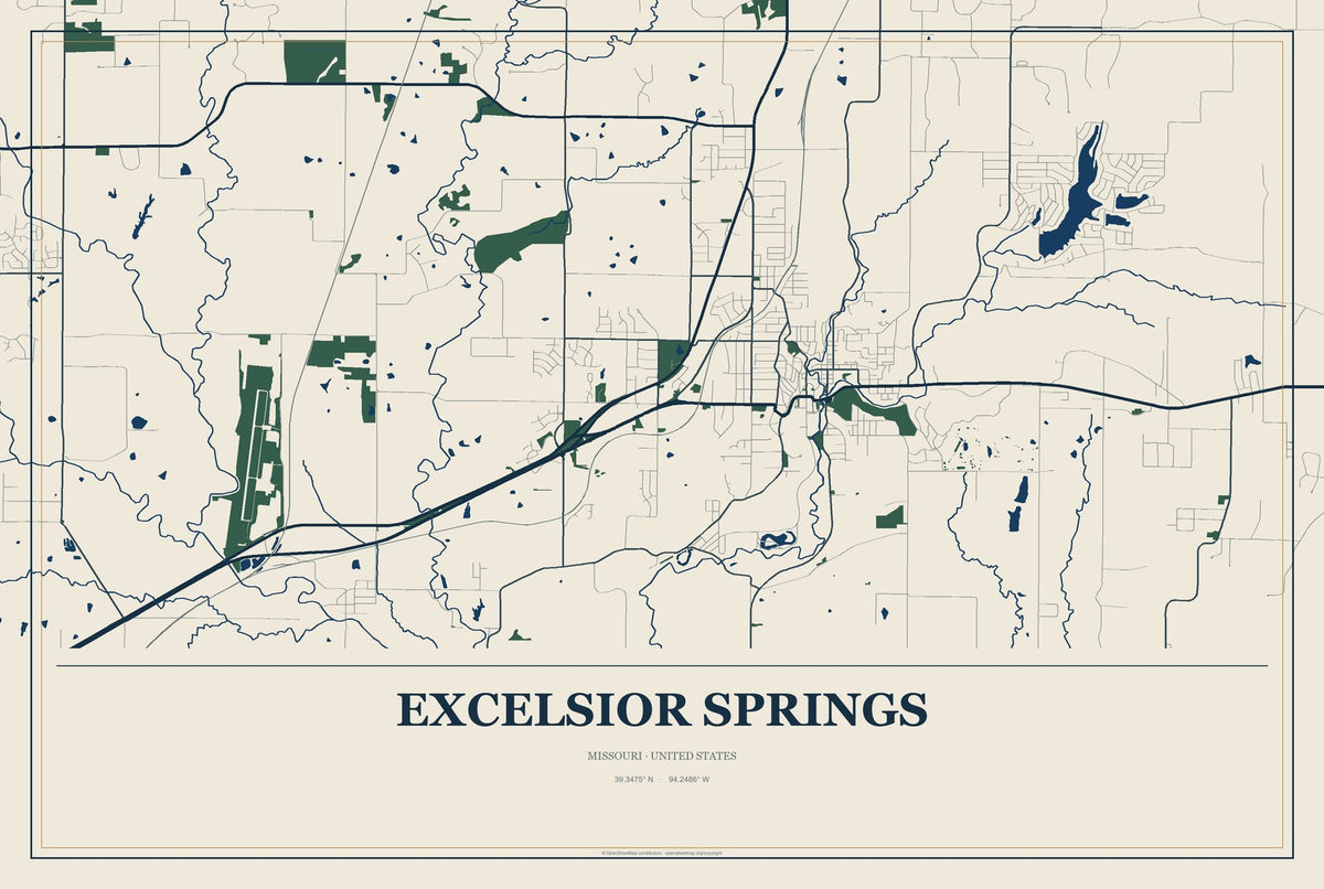 Excelsior Springs, Missouri City Map Aluminum Sign in Coastal Cutout style