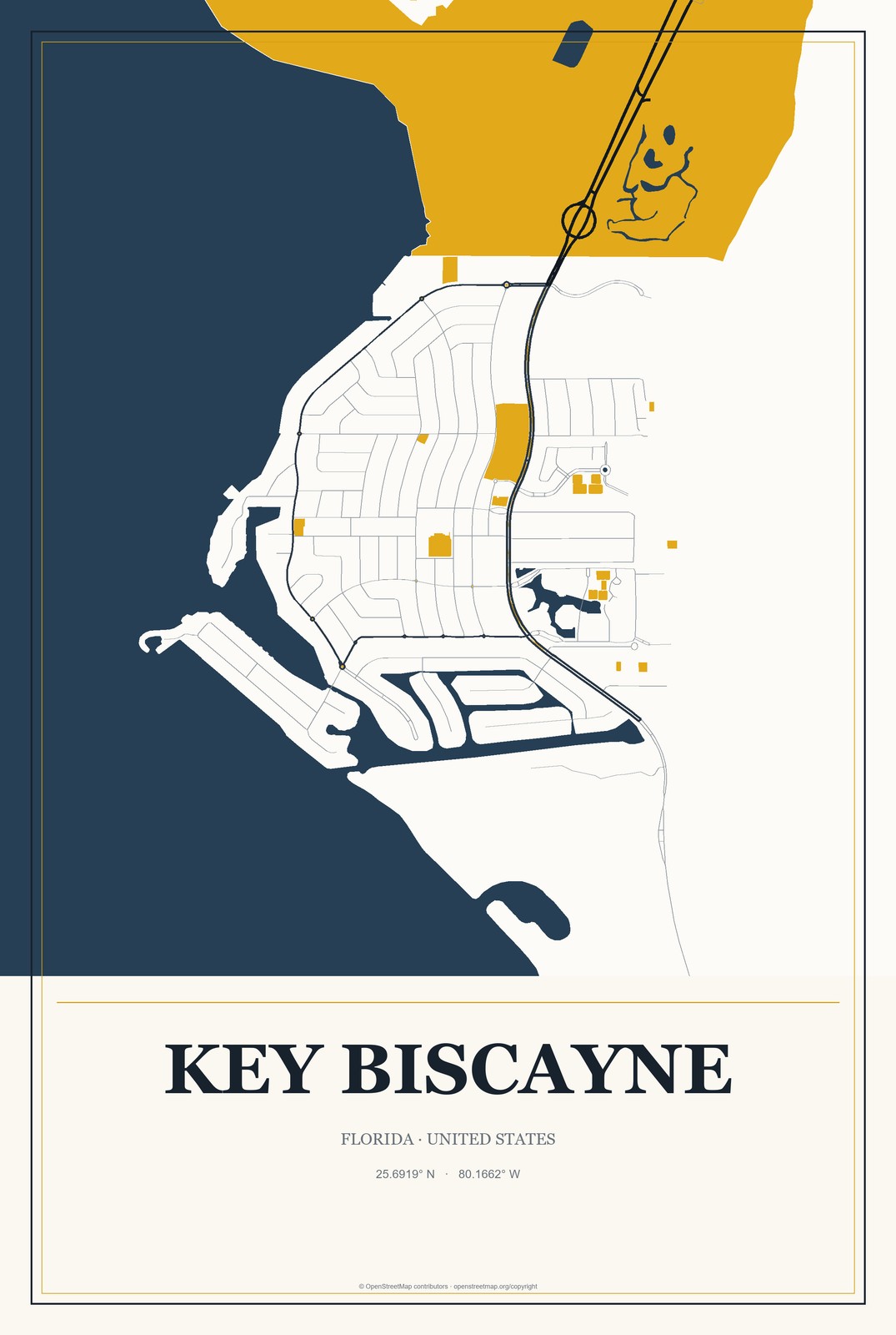 Key Biscayne, Florida City Map Aluminum Sign in Citrine Modern style