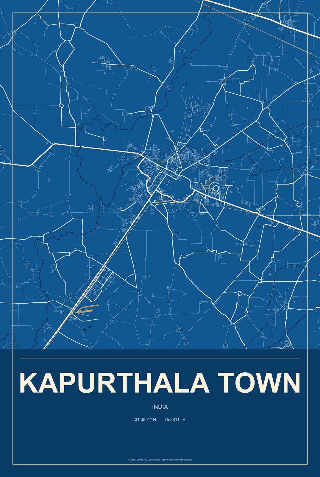 Kapurthala Town, India City Map Aluminum Sign in Harbor Cobalt style
