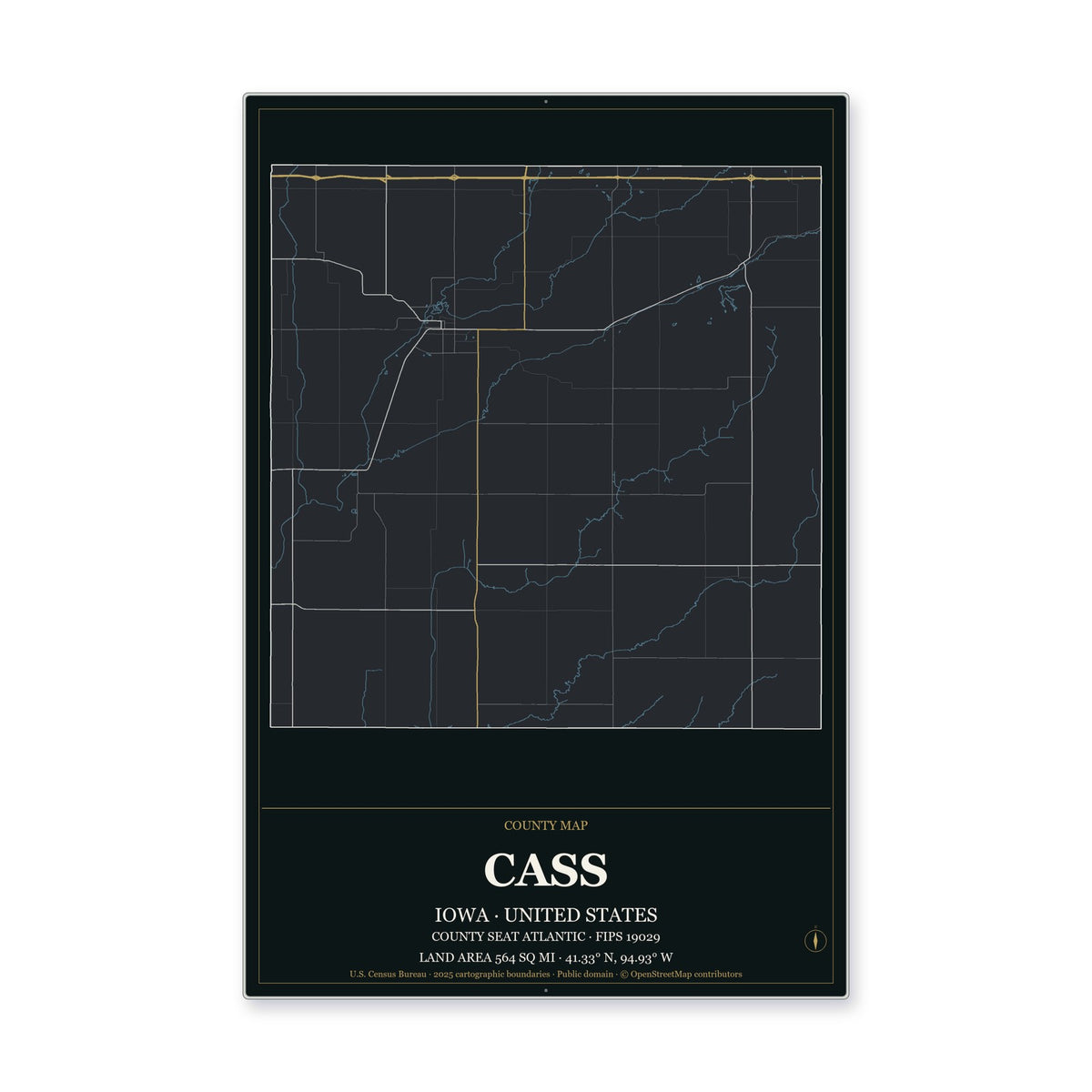 Cass County, Iowa Map Aluminum Sign in Metropolitan Noir style