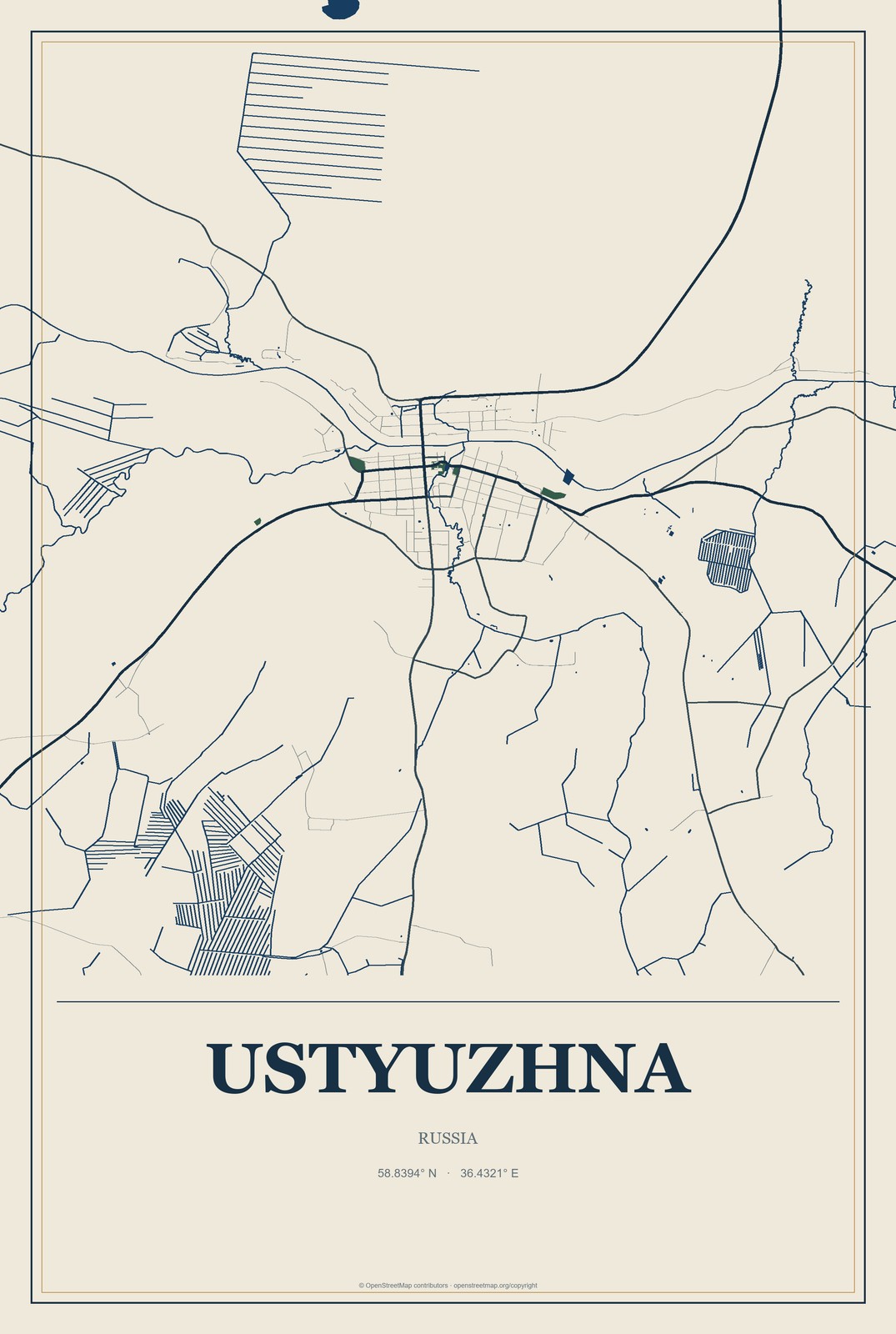 Ustyuzhna, Russia City Map Aluminum Sign in Coastal Cutout style