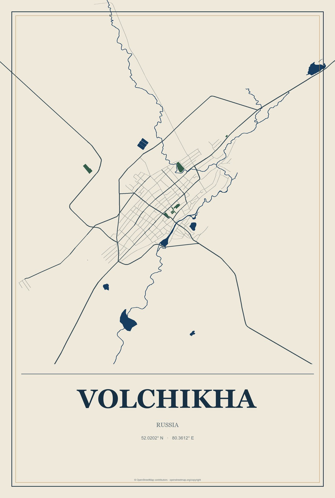 Volchikha, Russia City Map Aluminum Sign in Coastal Cutout style