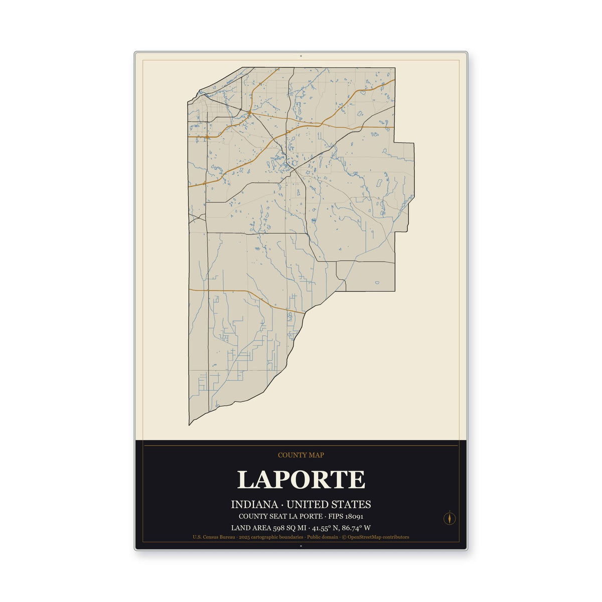 LaPorte County, Indiana Map Aluminum Sign in Museum Plaque style