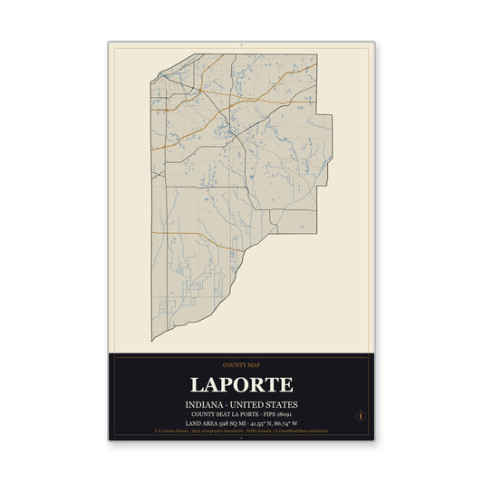 LaPorte County, Indiana Map Aluminum Sign in Museum Plaque style