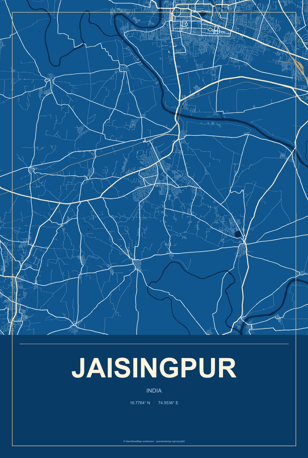 Jaisingpur, India City Map Aluminum Sign in Harbor Cobalt style