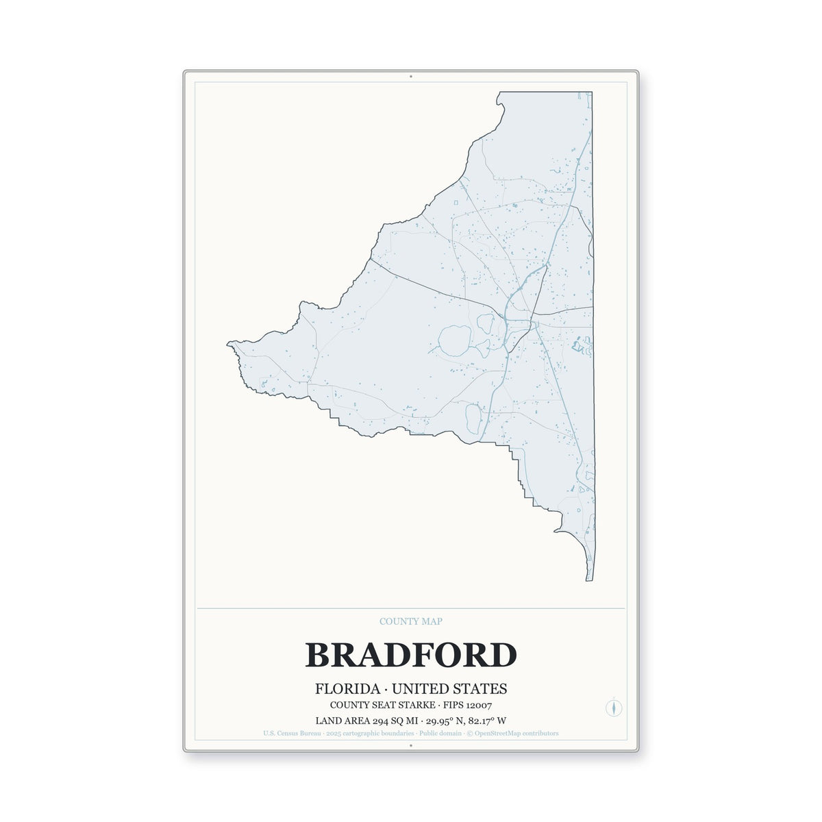 Bradford County, Florida Map Aluminum Sign in Gallery Air style