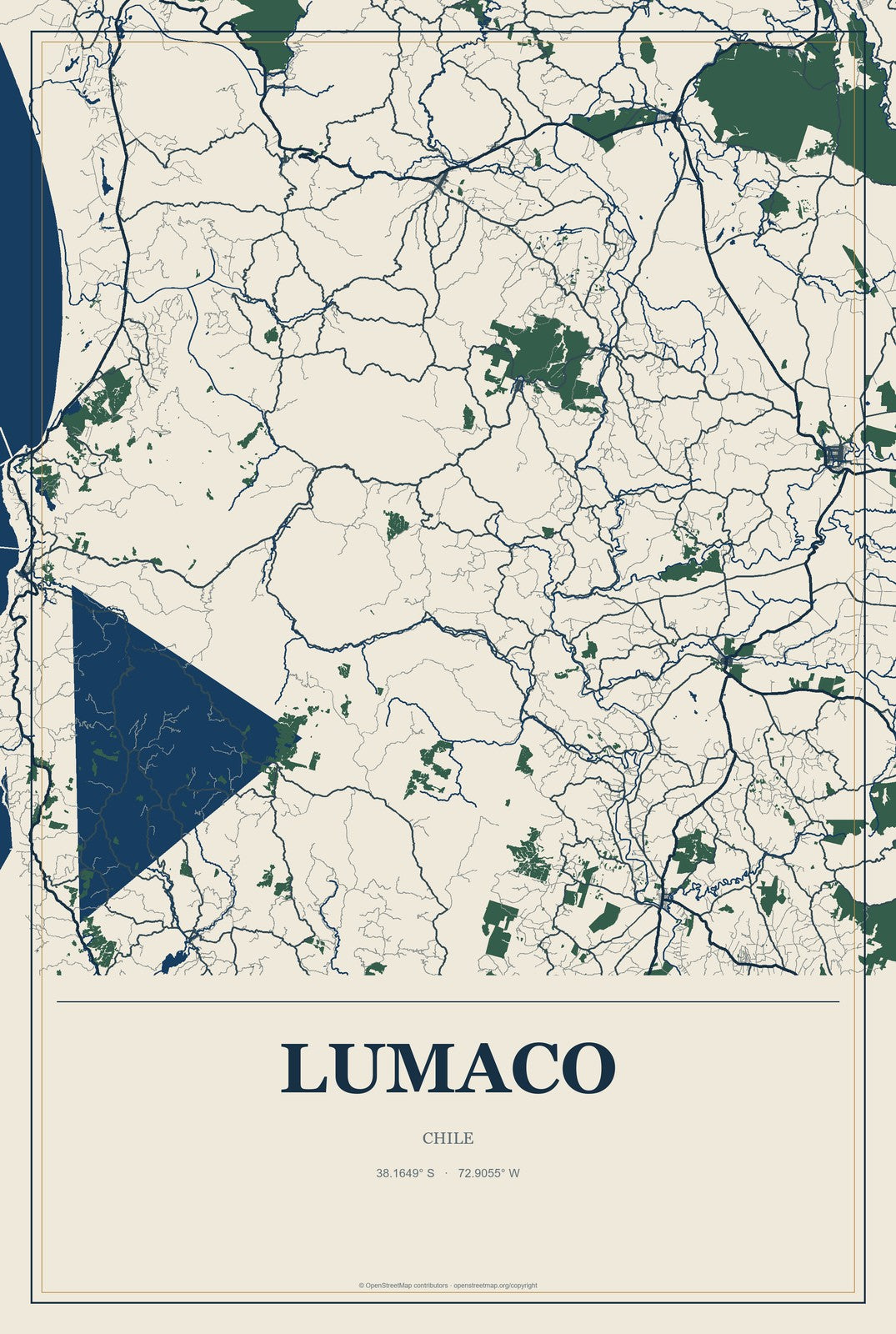 Lumaco, Chile City Map Aluminum Sign in Coastal Cutout style