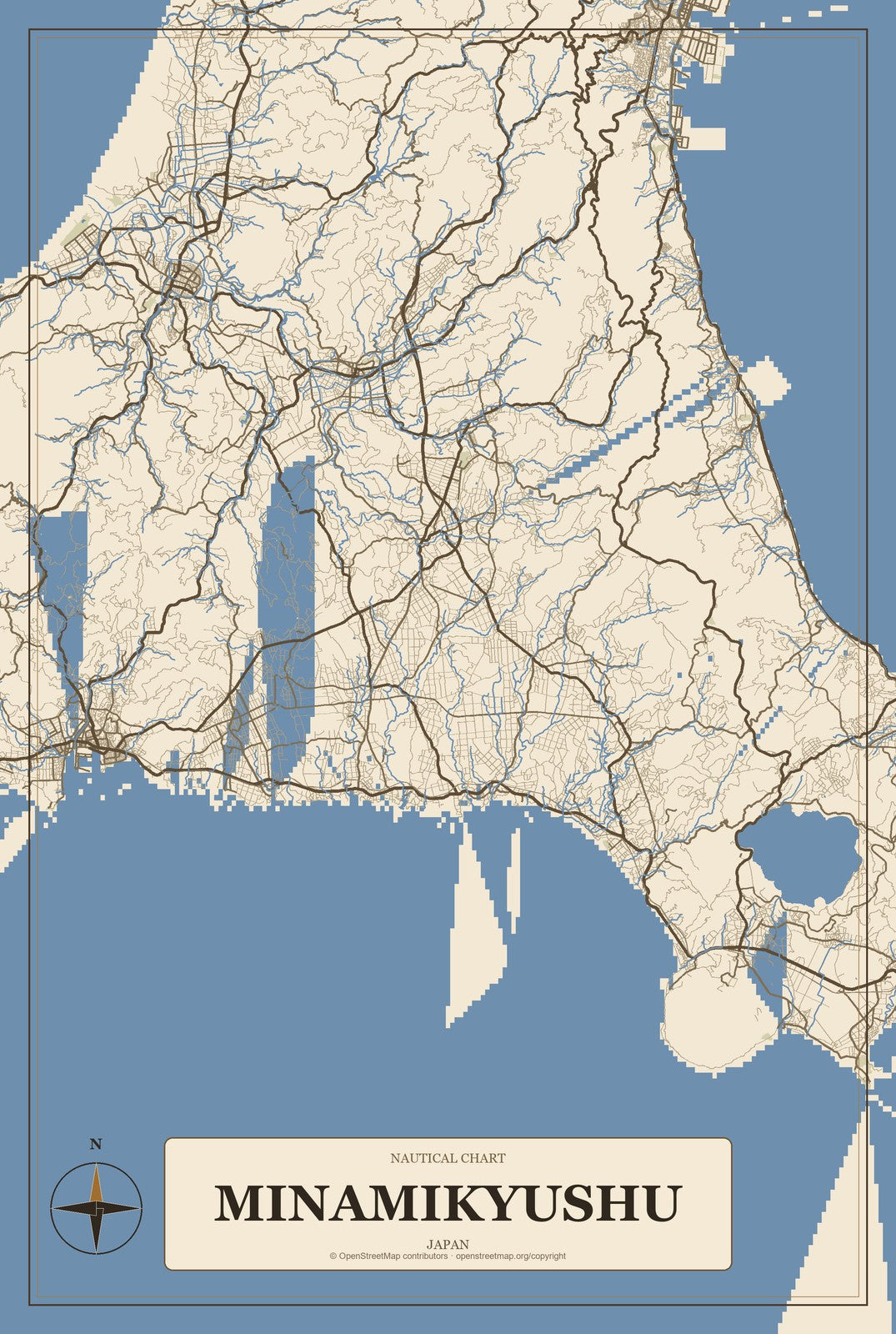 Minamikyushu, Japan City Map Aluminum Sign in Heritage Nautical style