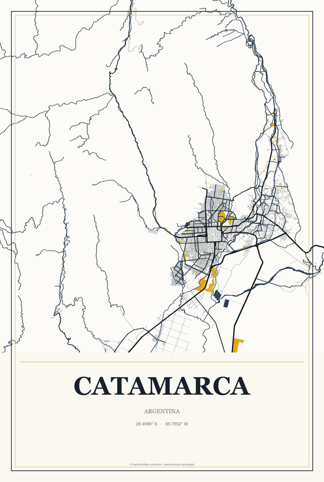 Catamarca, Argentina City Map Aluminum Sign in Citrine Modern style