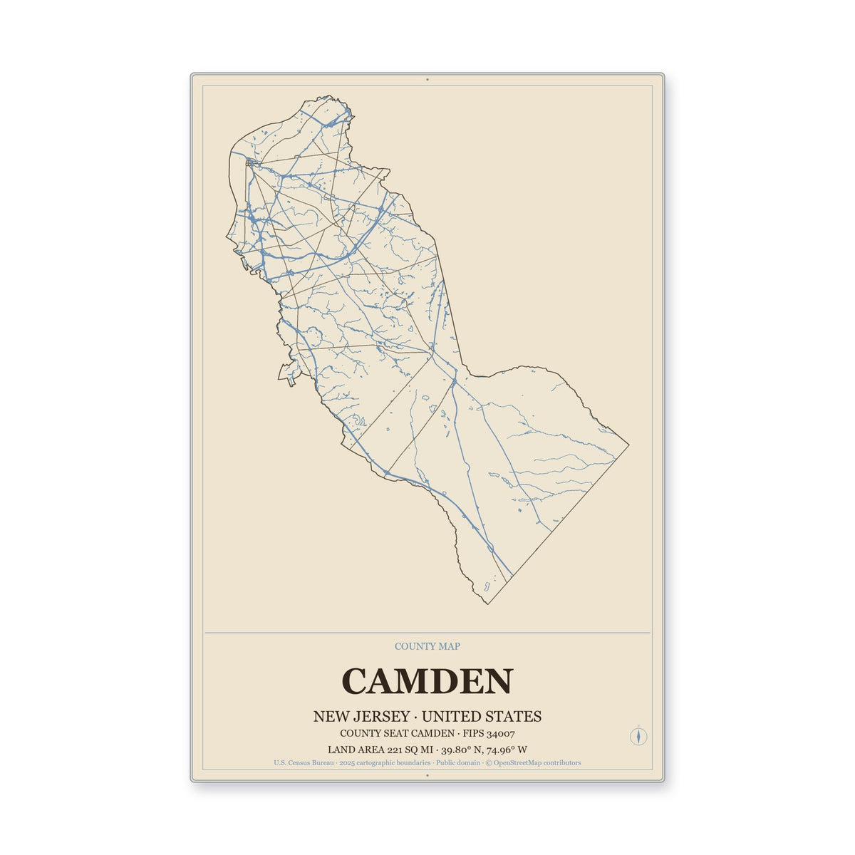 Camden County, New Jersey Map Aluminum Sign in Heritage Nautical style