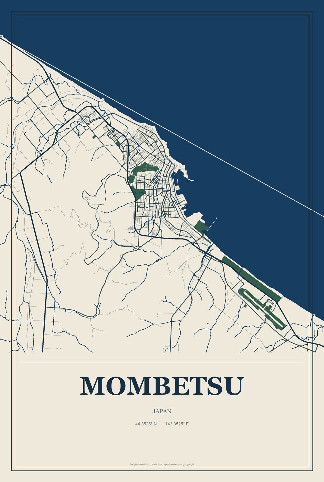 Mombetsu, Japan City Map Aluminum Sign in Coastal Cutout style