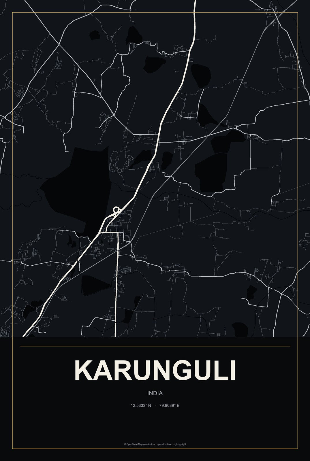 Karunguli, India City Map Aluminum Sign in Metropolitan Noir style