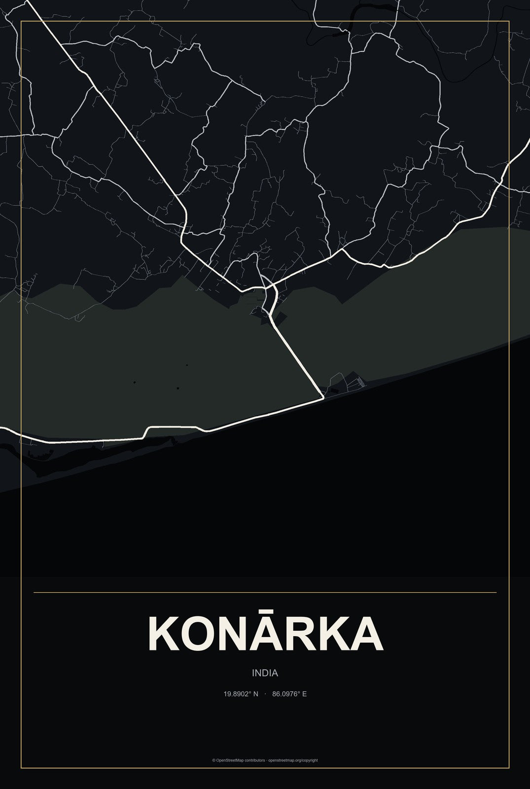 Konārka, India City Map Aluminum Sign in Metropolitan Noir style