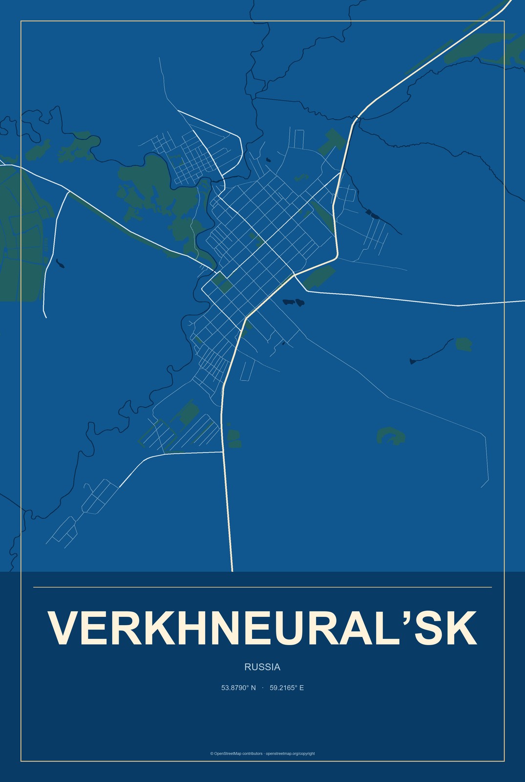 Verkhneural’sk, Russia City Map Aluminum Sign in Harbor Cobalt style